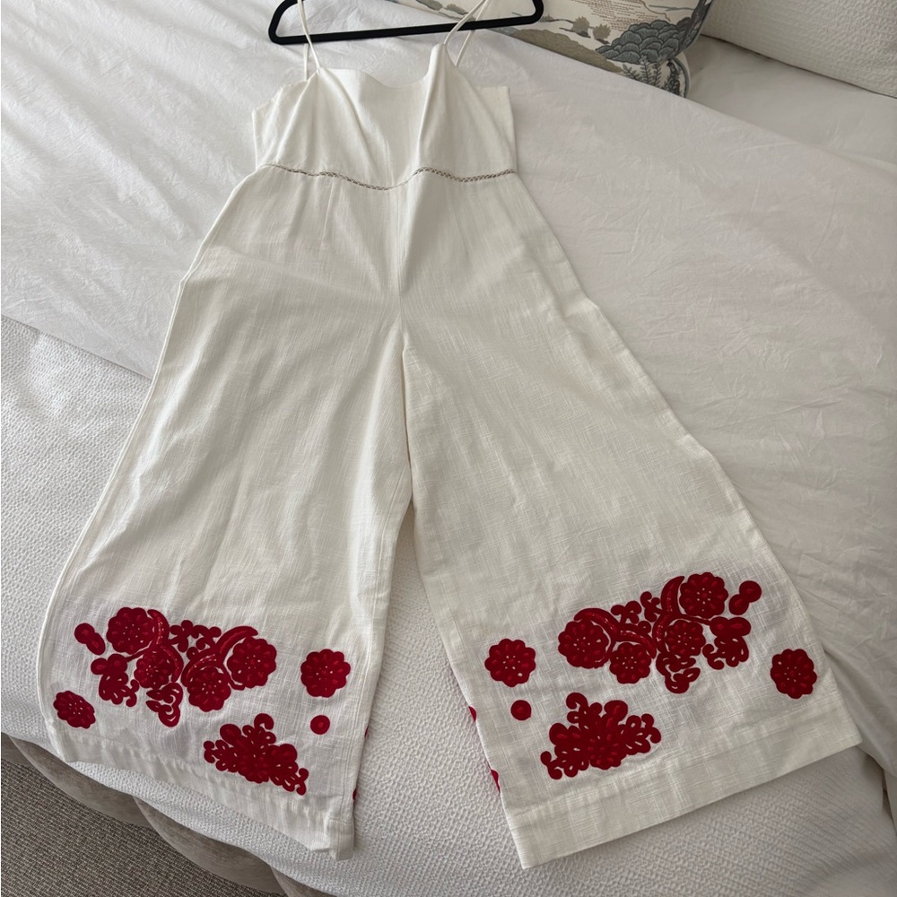 Club Monaco White Jumpsuit with Red Floral Accents